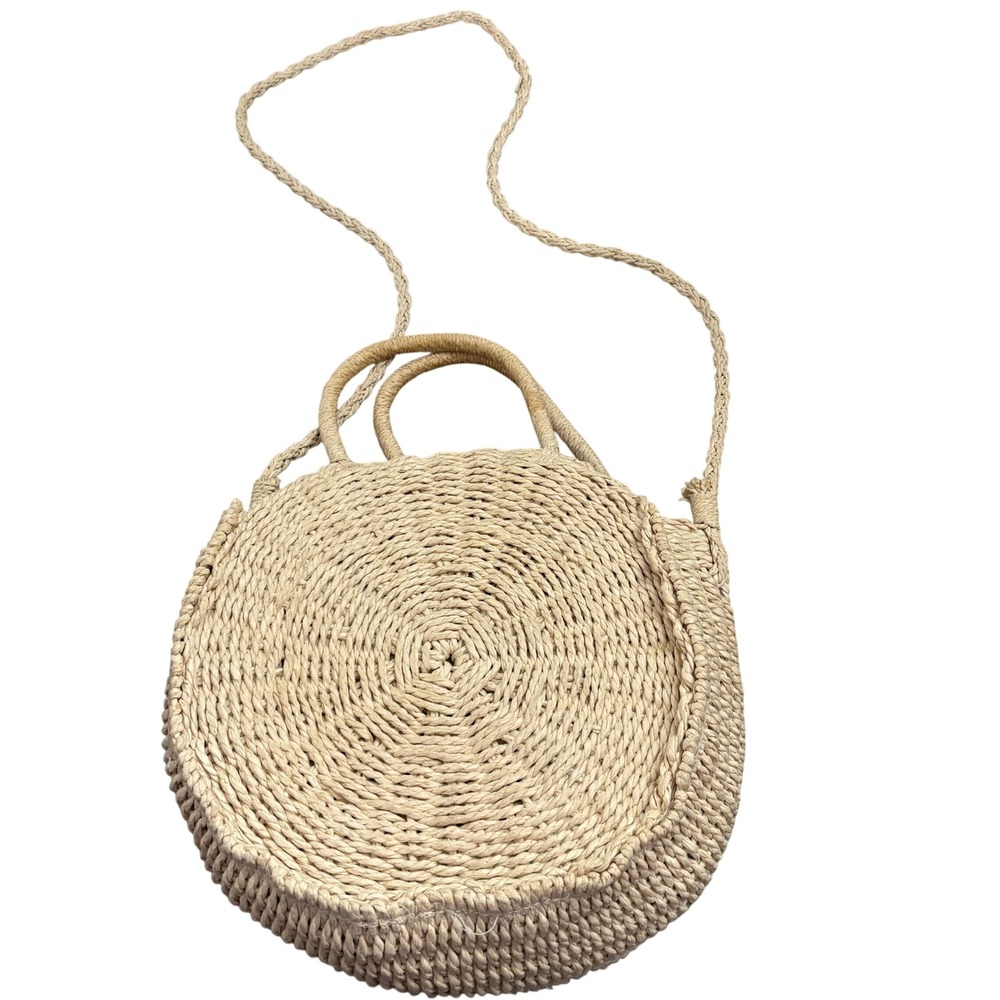 Round Straw Crossbody Bag Womens Medium Beige Woven Circle Tote